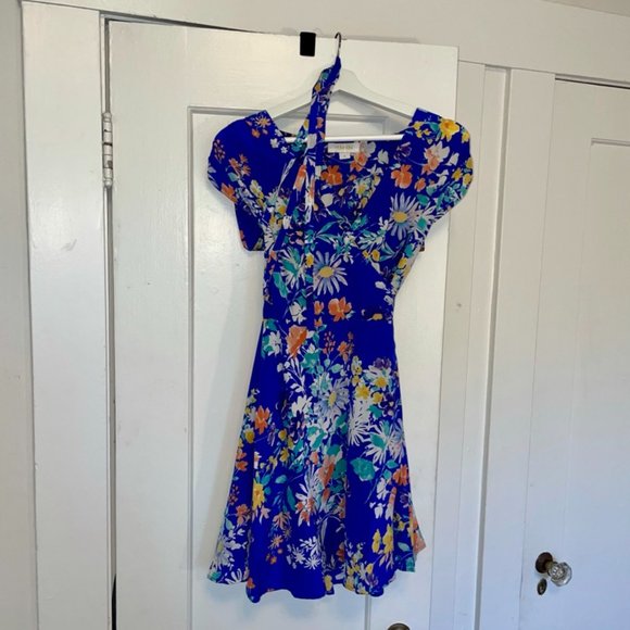 Yumi Kim | Silk Mini Wrap Dress | M | "Soho Mixer" in Blue Floral - Picture 3 of 8